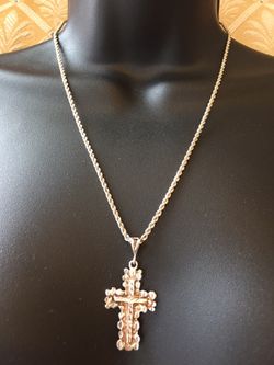 925 STER Silver Textured Cross Pendant Necklace 20” Long