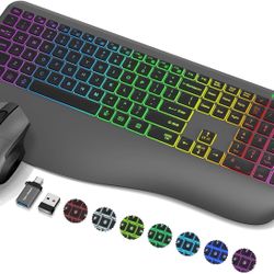 Wireless Keyboard and Mouse Combo, 9 Backlit Effects, Wrist Rest, Silent Light Up Keys, Sleep Mode, 2.4G Rechargeable Ergonomic Cordless Keyboard Mous