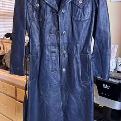 Vintage Leather Trench Coat Button Front Navy Blue 1970s
