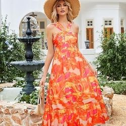 Women Orange Floral Dress Size Small