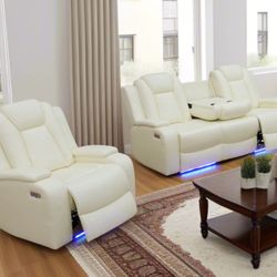 2pcs White Leatherette Reclining Living Room Set W/LED Light
