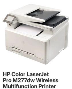 HP Color LaserJet Pro M277dw Wireless Multifunction Printer, a compact color laser all-in-one device featuring an automatic document feeder and a touc