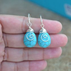 Handmade Turquoise Teardrop Sterling Silver Wire Wrapped Earring