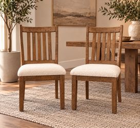 Set of 2 Rustic Wood Dining Chairs with Cream Boucle Seats