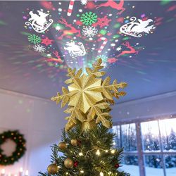 Rotating Christmas Tree Decoration with 6 Patterns 6 rotating projection patterns, warm LED light, 3D hollow design, easy tree installation