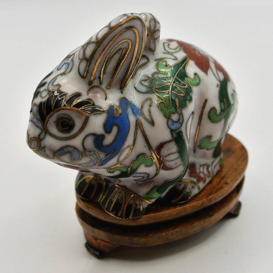 Vintage Cloisonne Handmade Bunny Rabbit Painted Enamel Floral Designs