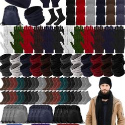 Suhine Homeless Care Package Supplies Bulk Winter Gloves Beanie Hat Neck Warmer Sock and Drawstring Bags for Men Women