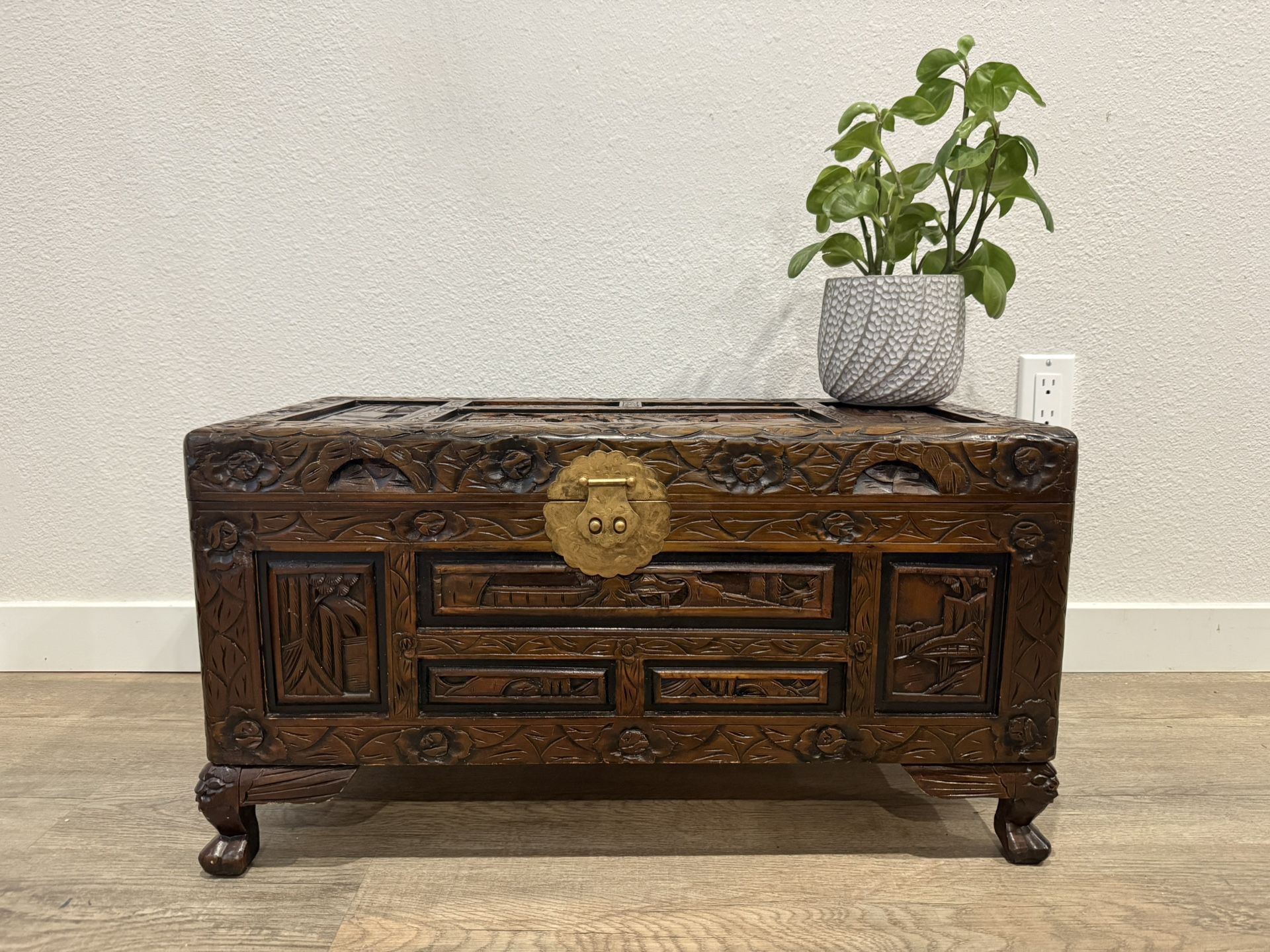 STUNNING wood chest - Camphor - carved wood - traditional Chinese images - delivery available