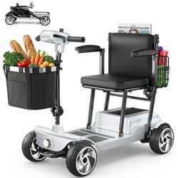 Lightweight 4 Wheels Mobility Scooter, Foldable Portable Motorized Scooters with Removable Lithium Battery for 20 Miles Travel, 330lb Capacity, Sliver