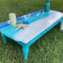 Ocean Scene Coffee Table With Gold Starfish Stencil Glossy Epoxy Finish 