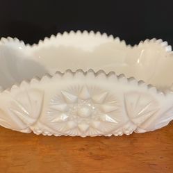 vintage milk glass centerpiece - oval flower bowl, Yutec pattern pressed glass Ex Cond As Is Pick Up.