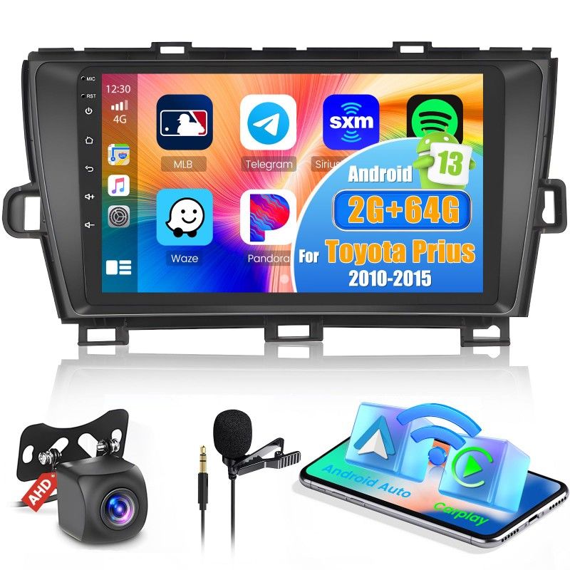2+64G Android 13 Car Stereo for Toyota Prius 2010-2015 with Wireless Carplay Android Auto, 9 inch Touch Screen Radio with GPS Navi WiFi Bluetooth SWC 