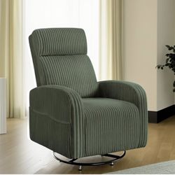 360° Swivel Glider Chair for Nursery, Rocking Chair Nursing Chair with Side Pockets, Corduroy Glider for Living Room with High Back Dark Green