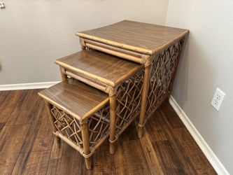 Vintage 3x Bamboo Natural Rattan Nesting Laminate Wood Side Tables Mid Century