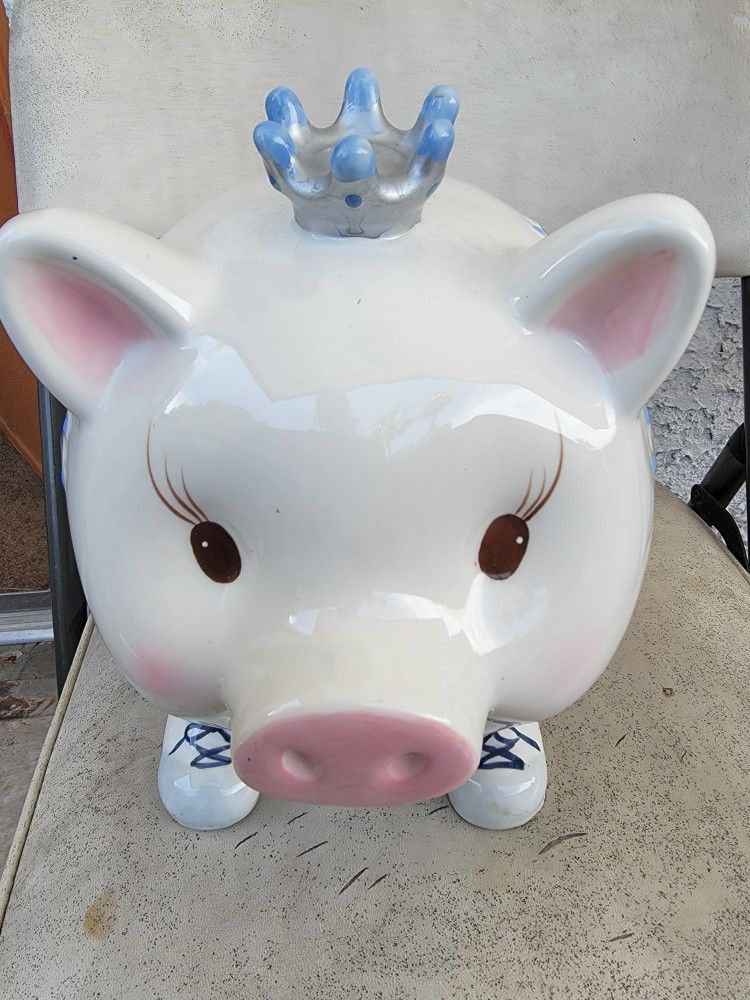 New Mud Pie "Little Prince" GIANT Piggy Bank With Crown Ceramic 11" Baby Boy Decor