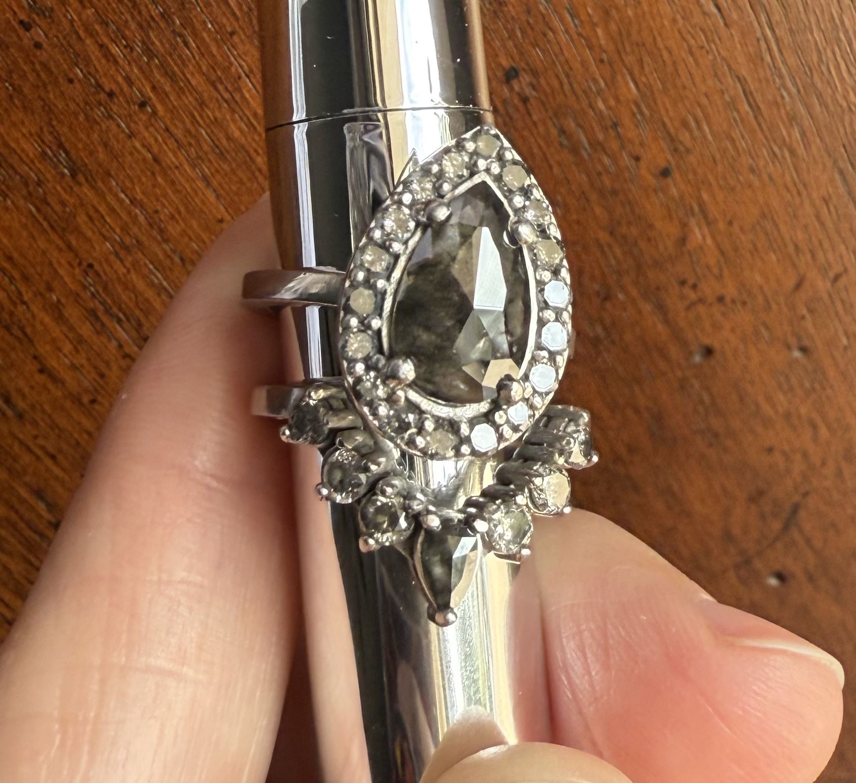 PRICE DROP! Salt and Pepper Pear Shaped Diamond Ring Set