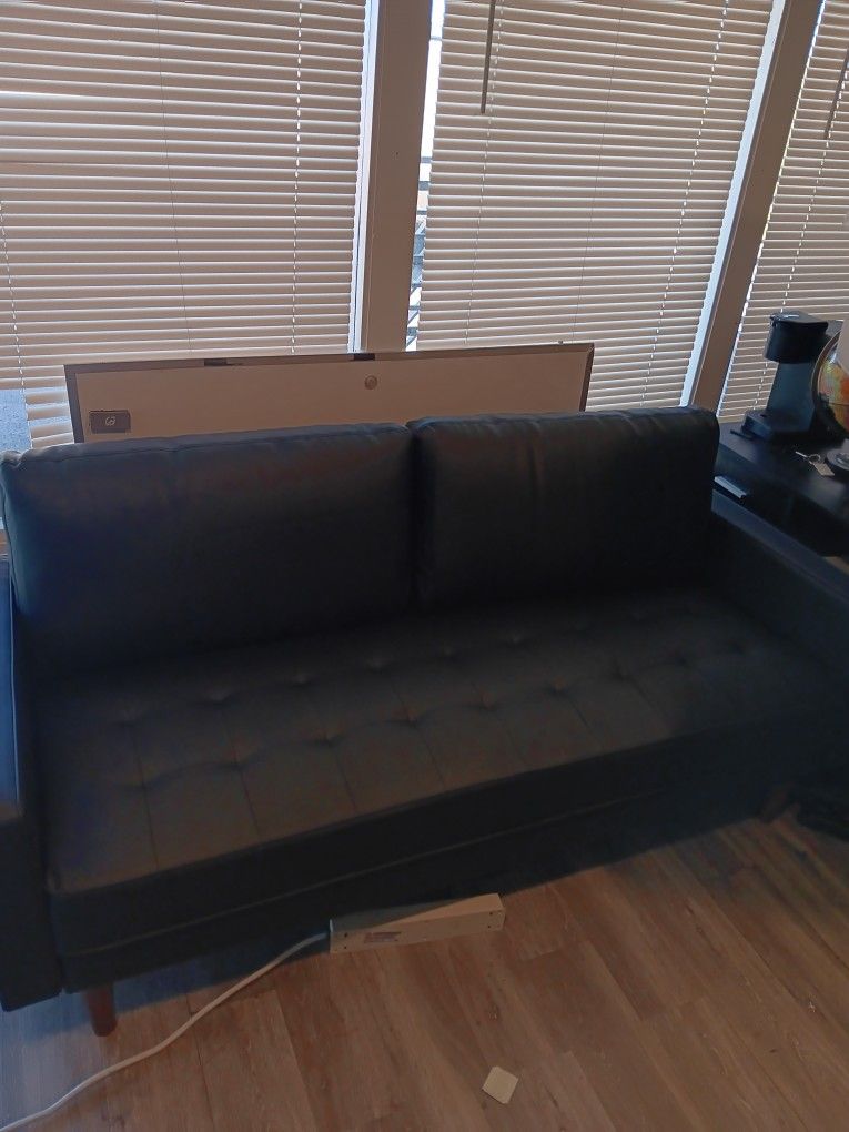 Black Faux Leather Couch Long