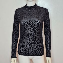 NWT MNG Black Leopard-Print Velvet Mock Neck Top Women Size M Long Sleeve Sheer