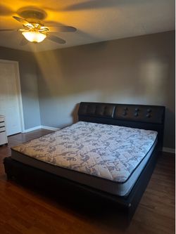King Size Black Faux Leather Bed Frame + King Mattress – Storage Headboard – Modern Platform Style
