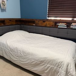 Twin/King Bed Frame with Trundle and Storage Headboard
