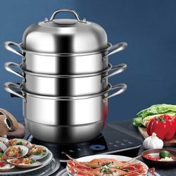 COSTWAY 4-Tier Steamer for Cooking, 11 Inch Stainless Steel Steamer Pot with Tempered Glass Lid, Handles on Both Sides, Includes 2 Steaming Septa, Dis