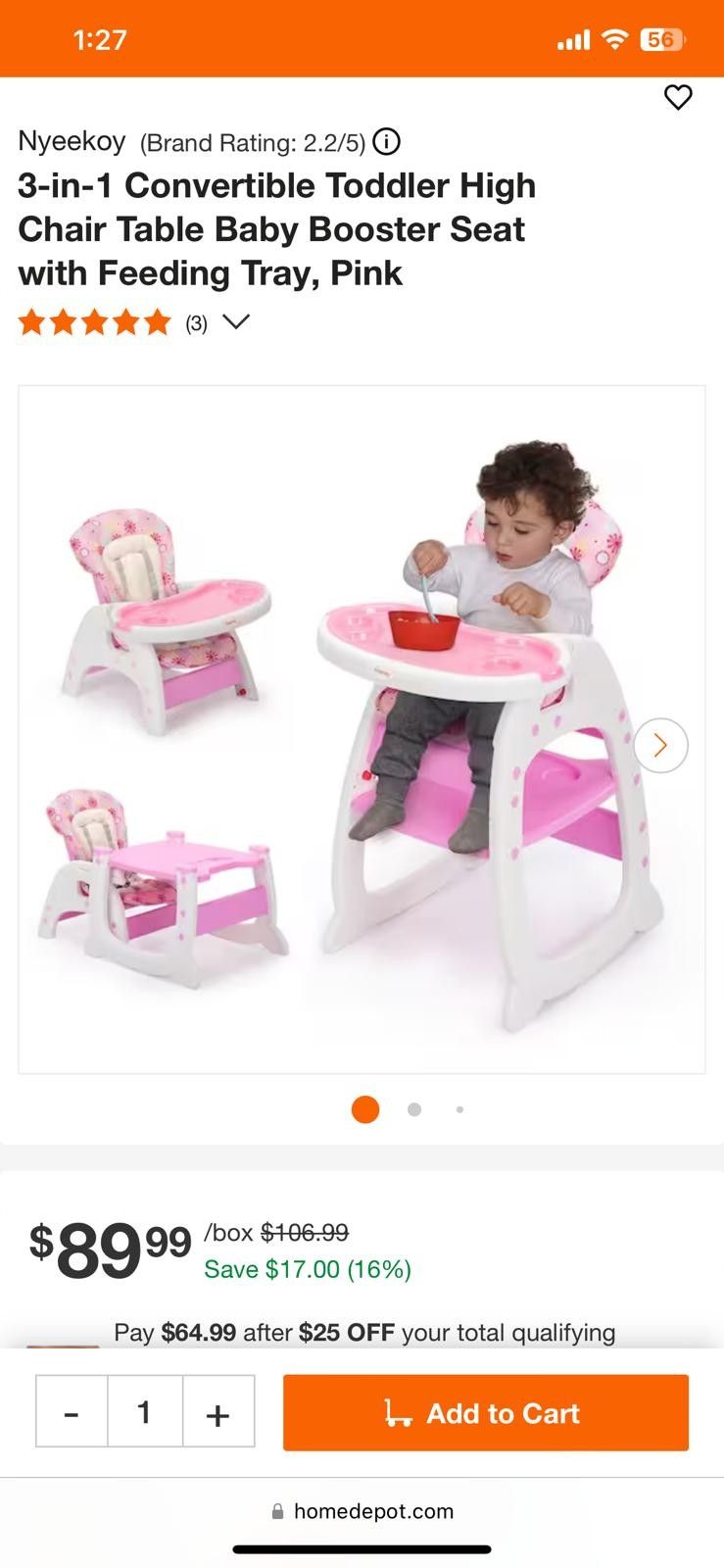 3-in-1 Convertible Toddler High Chair Table Baby Booster Seat With Feeding Tray,Pink