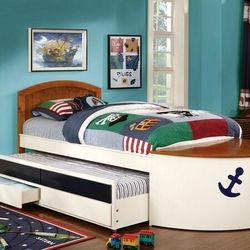 Brand New White Oak Navy Blue Finish Boat Design Captain Twin Size Bed Frame