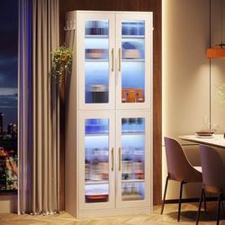 New White Bookcase with Doors LED Light, 67” Tall Bookshelf 8-Tier Adjustable Shelves Hanging Hooks