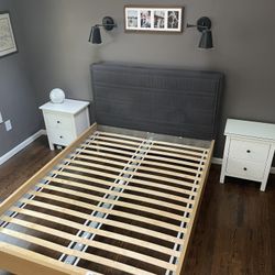 Queen Oak Bed With Dark Blue Head Board