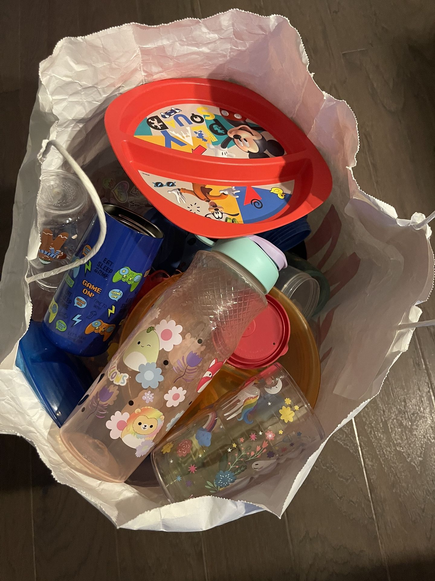Free! A Bag Full Of Children’s Water Bottles, Cups And Plates.
