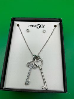 East 5th Silver Key Pendant Necklace and Earring Set