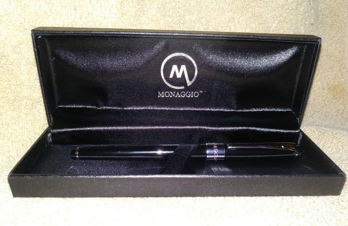 NEW MONAGGIO LUXURY BLACK FOUNTAIN PEN W/ CASE-FINE POINT-REFILLABLE