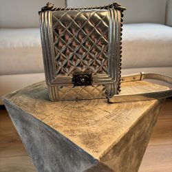 Authentic Chanel Boy Bag Quilted Metallic Leather Shoulder Bag – Silver – Used, Good Condition