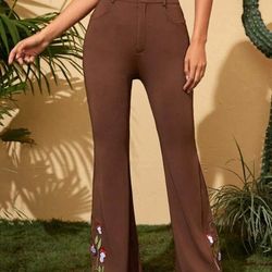 Mushroom Embroidery Flare Leg Pant Brown Hippy Cottage Core Red Bottom 