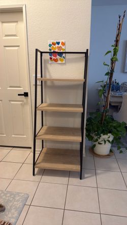 White oak and black metal tiered wall shelf