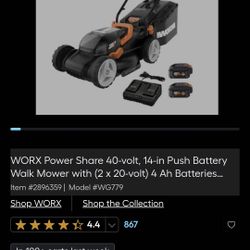 WORX Power Share 40-volt, 14-in Push Battery Walk Mower with (2 x 20-volt) 4 Ah Batterie...