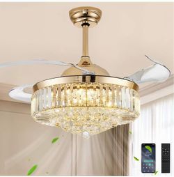 48'' Crystal Fandelier Ceiling Fan with Light, Gold APP/ Remote Control, Dimmable 3CCT LED, 6-Speed Quiet DC Motor, Memory & Timer. For Living Room/Be