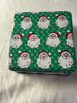 Vintage Christmas Santa Claus Holiday Tin Box With Coasters