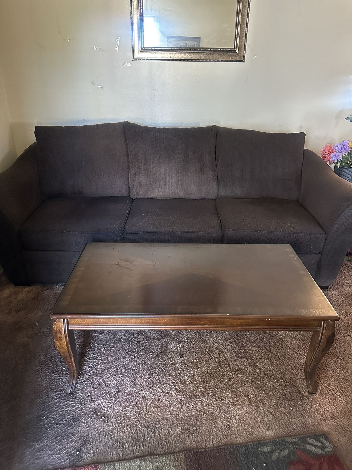 Dark Brown Sofa with matching table and two end tables