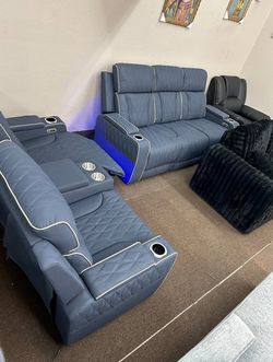 Memorial day sale  Blueish Gray Sanded Leather Recliner Living Room sofa and Loveseat