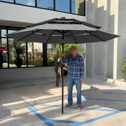 NEW Patio Umbrella With Solar LED Lights 9 Foot Outdoor Umbrella Tilt Adjustable 