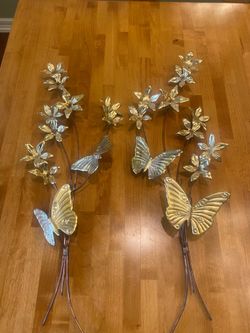 MCM vintage 1970s brass & copper wall art hangings butterflies and flowers . 32 inches long. Good condition