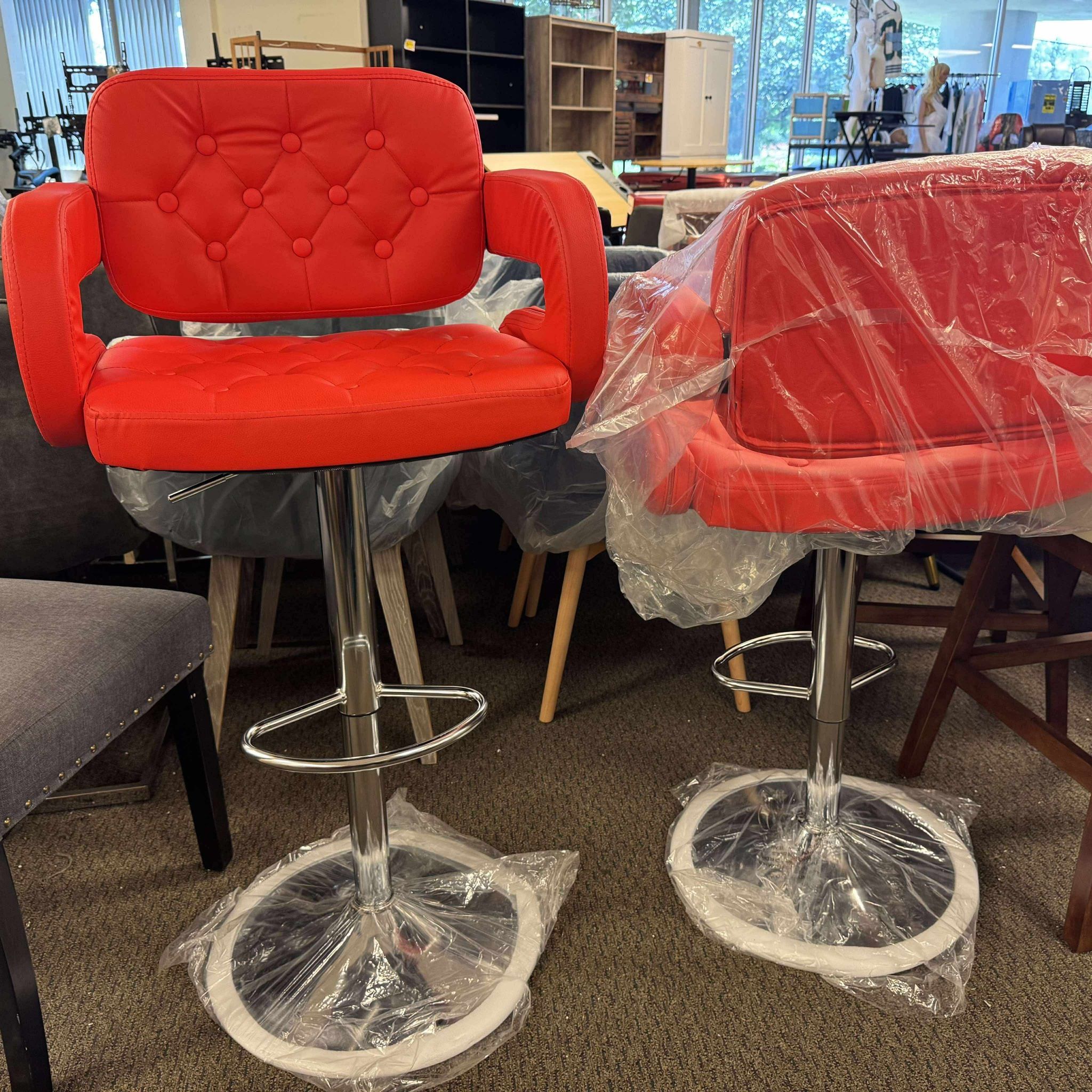 Modern Faux Leather Tufted Bar Stool in Red with Chrome Base and