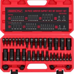 Hex Bit Impact Socket Set: 36-Piece with 4 Adapters, 1/4" 3/8" 1/2" Drive Master Allen Impact Socket Set, SAE and Metric, H5-H19 & 3/4"-5/64", Heavy D