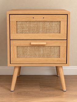 Set of 2 Modern Light Oak Nightstand with Rattan-Style Drawers