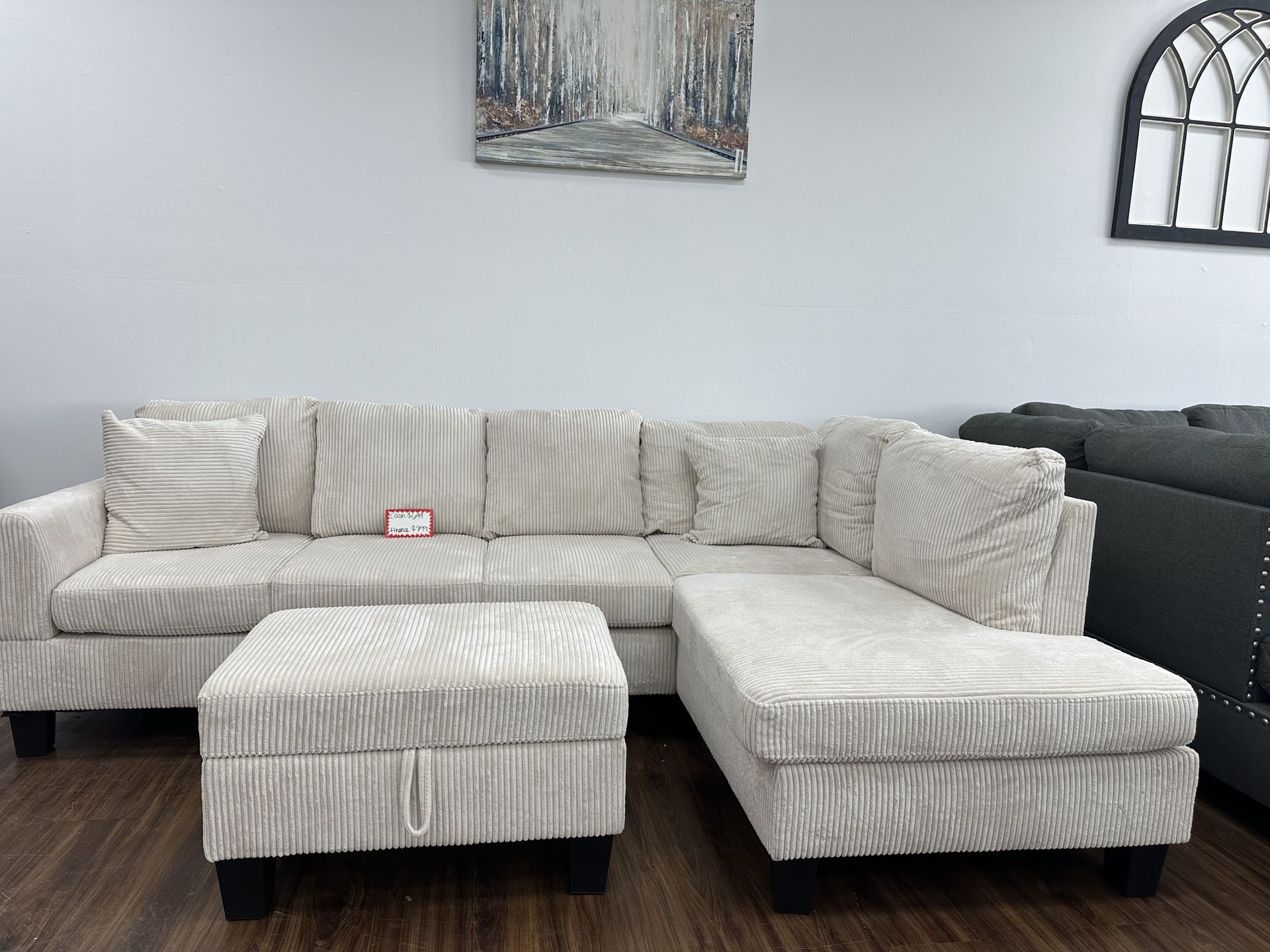 Beige Corduroy Sectional Sofa + Ottoman