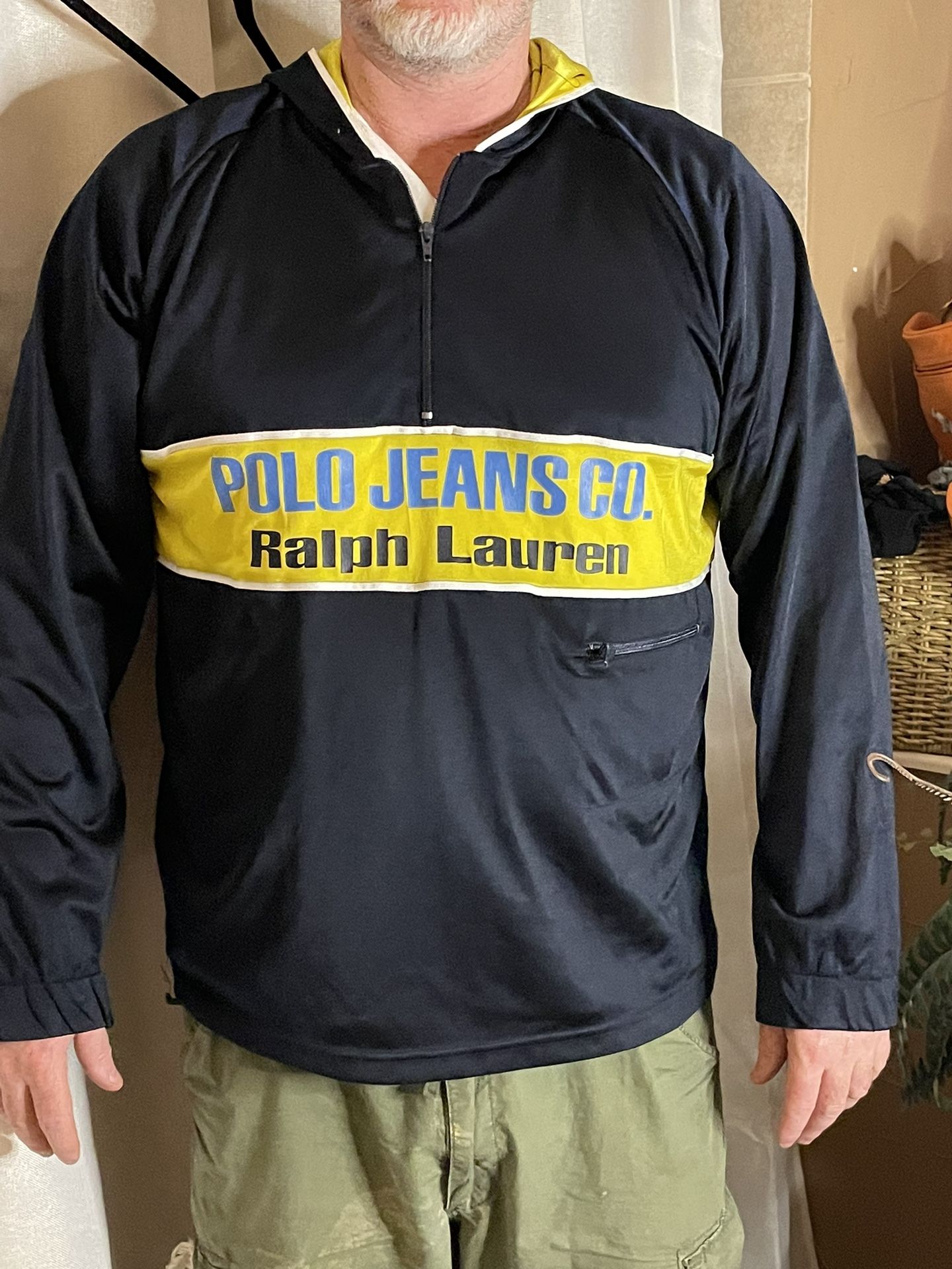 VINTAGE / RARE RALPH LAUREN POLO JEANS CO. BLUE/YELLOW 1/4 Zip HOODIE Men's XL.