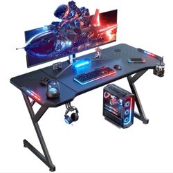 47Inch Gaming Desk with LED Lights with Headphone Hook, Cup Holder, Black