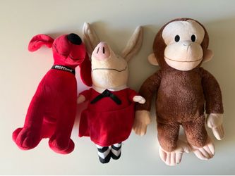 Curious George, Clifford, and Scary Pig Lady Stuffies