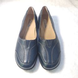 New Clarks Pebbled Leather Navy Slip-On Shoes Ballet Flats Loafers Size 7.5-8